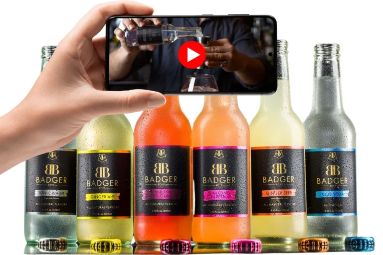 a smartphone displays augmented reality content over premium beverage bottles.